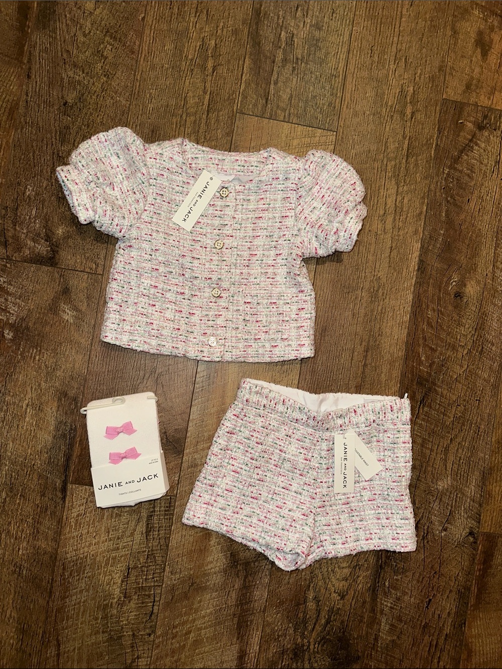Janie and Jack Pink and White & Pink Tweed 3PC Set